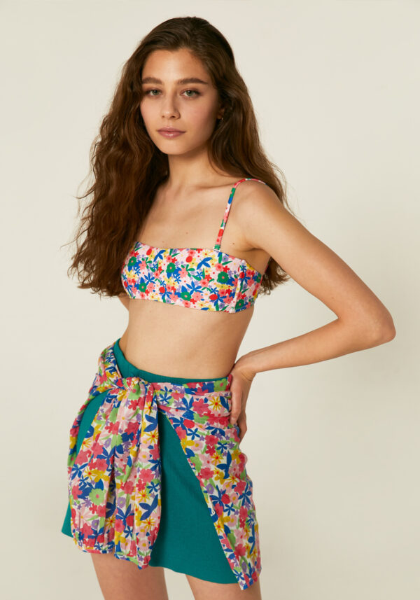 Multicoloured floral print bandeau bikini top