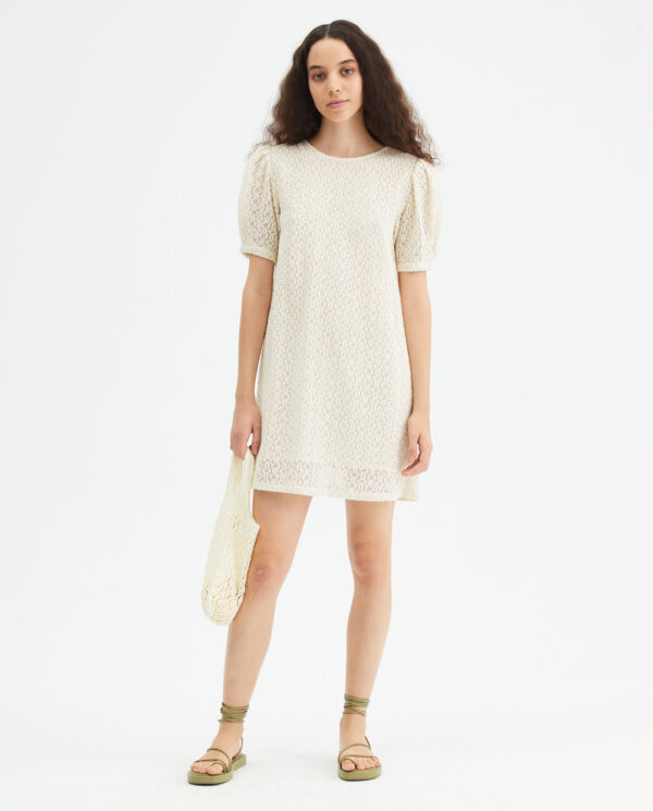 Off-white short-sleeved mini crochet dress