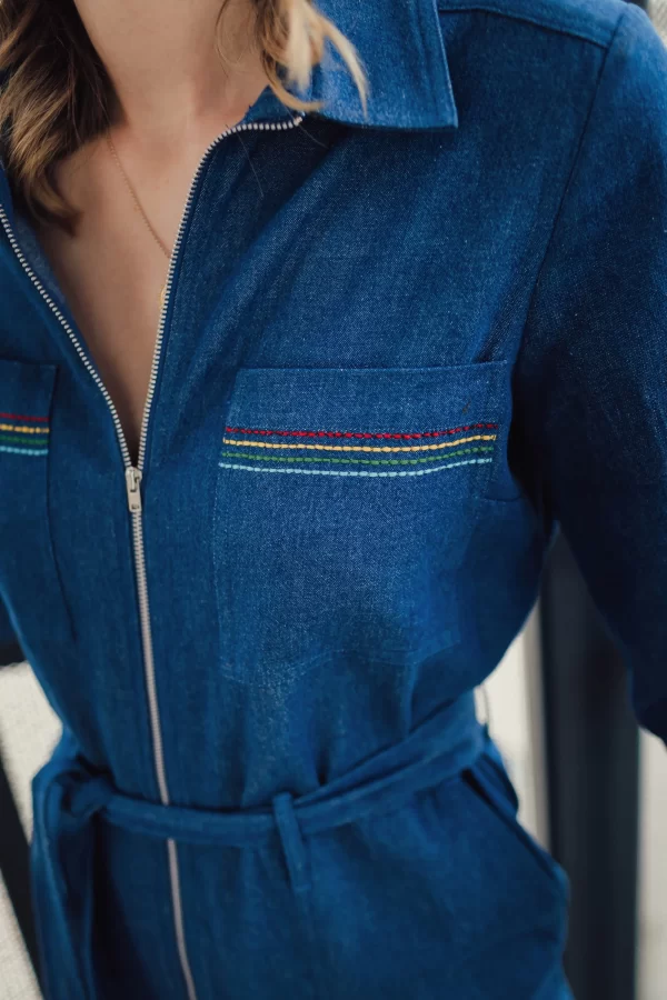 Anwen Boilersuit - Denim, Rainbow Stitching