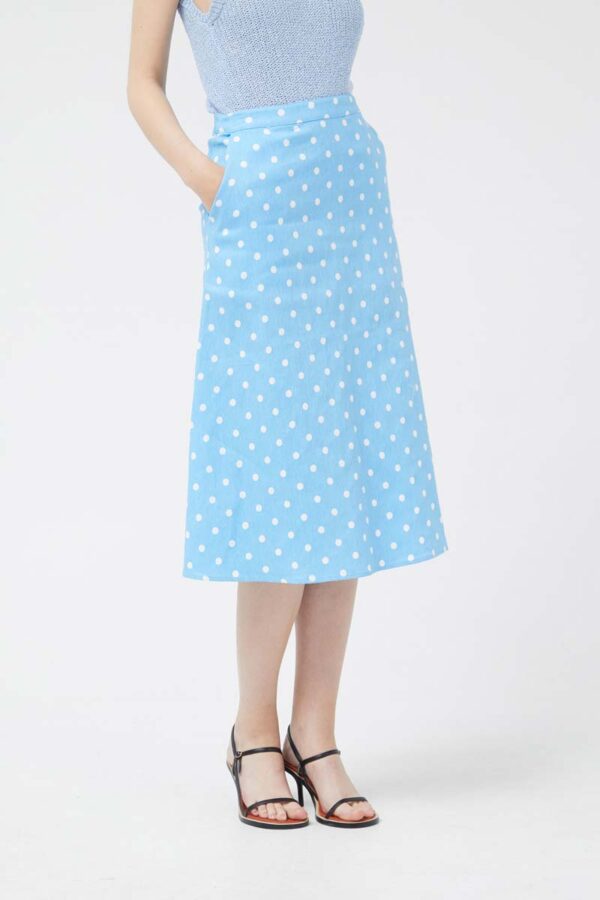 Blue polka dot denim midi skirt