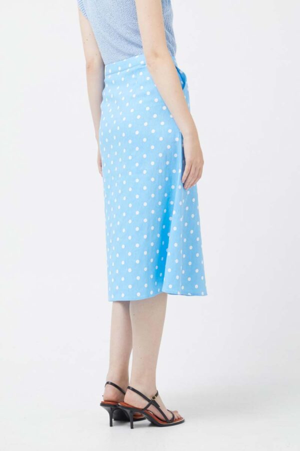 Blue polka dot denim midi skirt