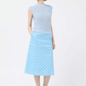 Blue polka dot denim midi skirt