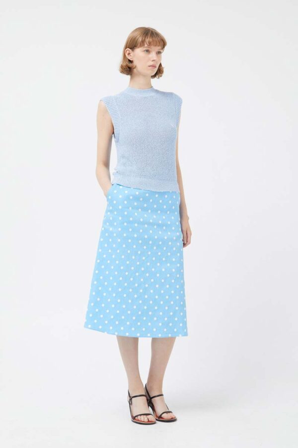 Blue polka dot denim midi skirt