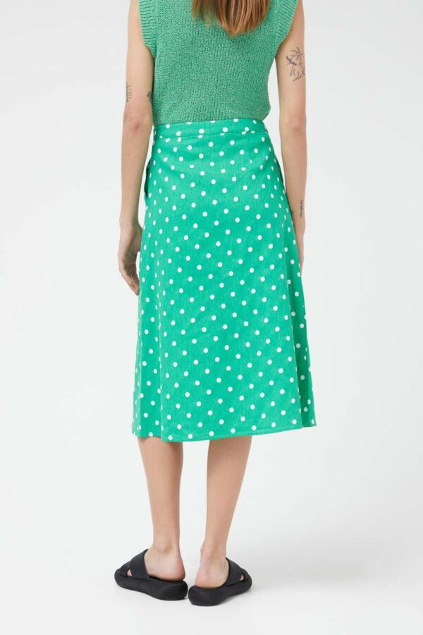 Green polka dot denim midi skirt