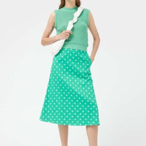 Green polka dot denim midi skirt