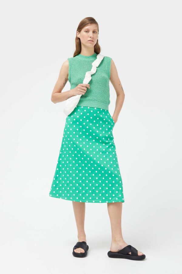 Green polka dot denim midi skirt