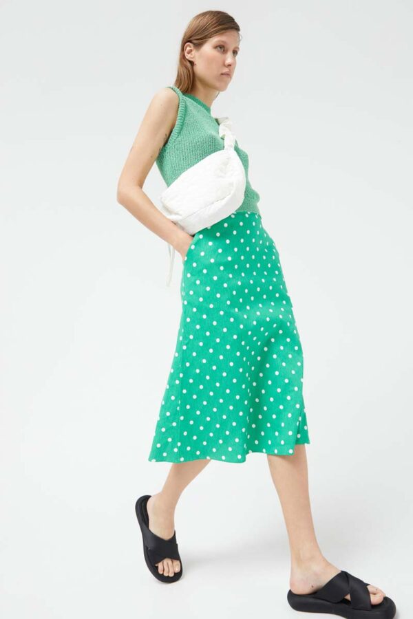 Green polka dot denim midi skirt