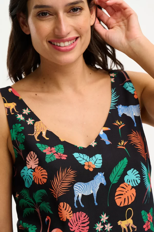 Romy Vest Top - Black, Tropical Safari