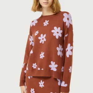 Rust brown sweater with purple daisies