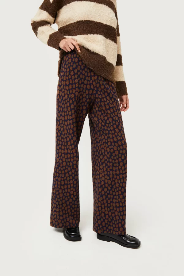 Blue Floral Print Jacquard Knit Pants