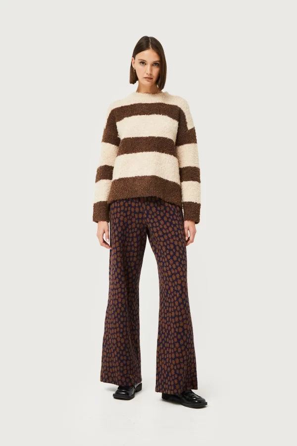 Blue Floral Print Jacquard Knit Pants