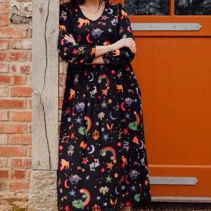 Sidney Midi Smock Dress - Black, Zodiac Rainbow Skies