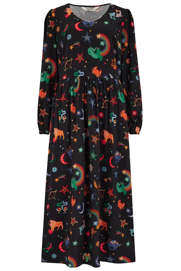 Sidney Midi Smock Dress - Black, Zodiac Rainbow Skies