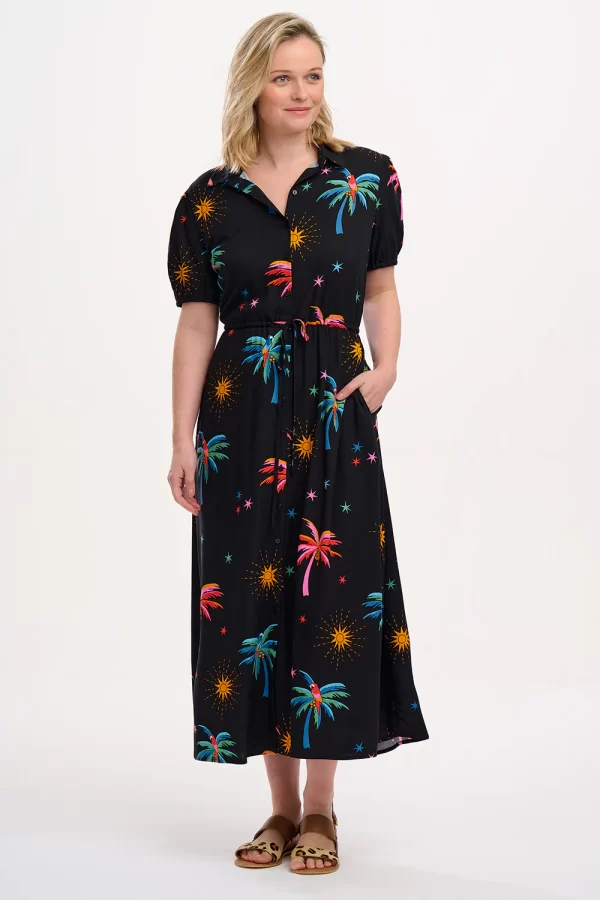 Nova Maxi Shirt Dress - Black, Palms & Sunshine