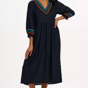 Miquita Midi Smock Dress - Black, Rainbow Ric Rac