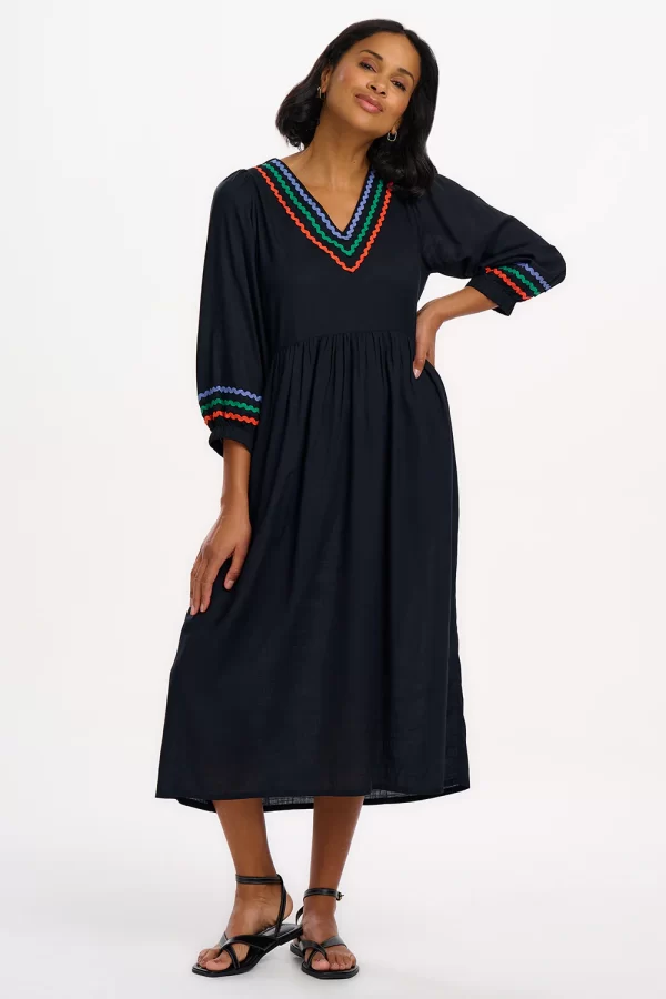 Miquita Midi Smock Dress - Black, Rainbow Ric Rac