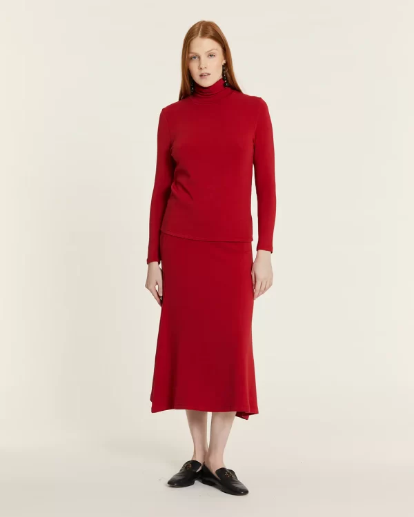 RED FLARED MIDI SKIRT