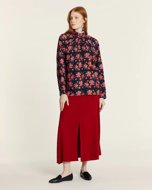 Floral high-neck button-down blouse