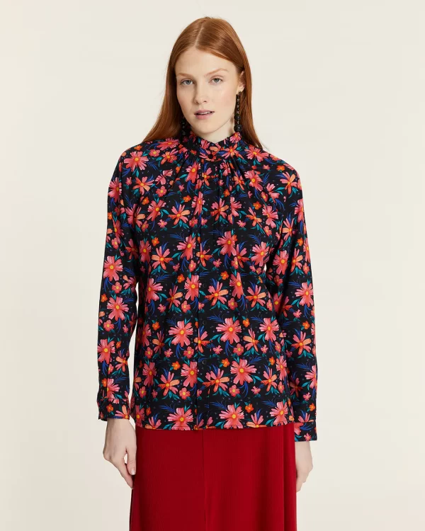 Floral high-neck button-down blouse