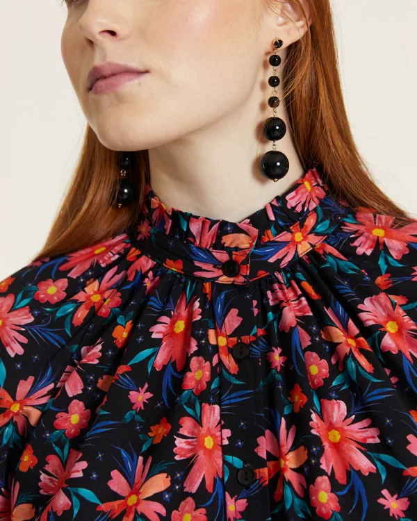 Floral high-neck button-down blouse