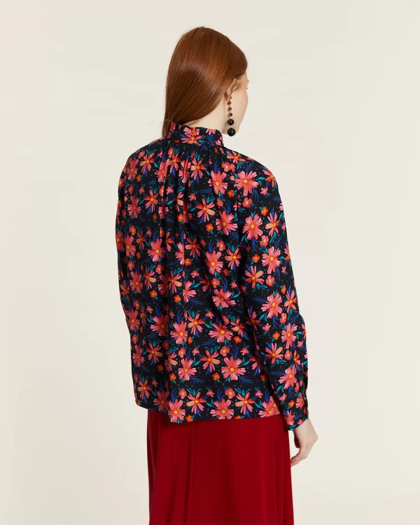 Floral high-neck button-down blouse