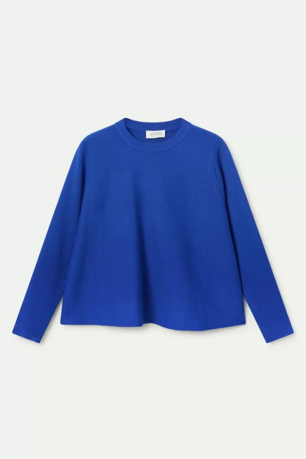 Blue flared knit sweaterBlue flared knit sweater with a round neck and long sleeves.