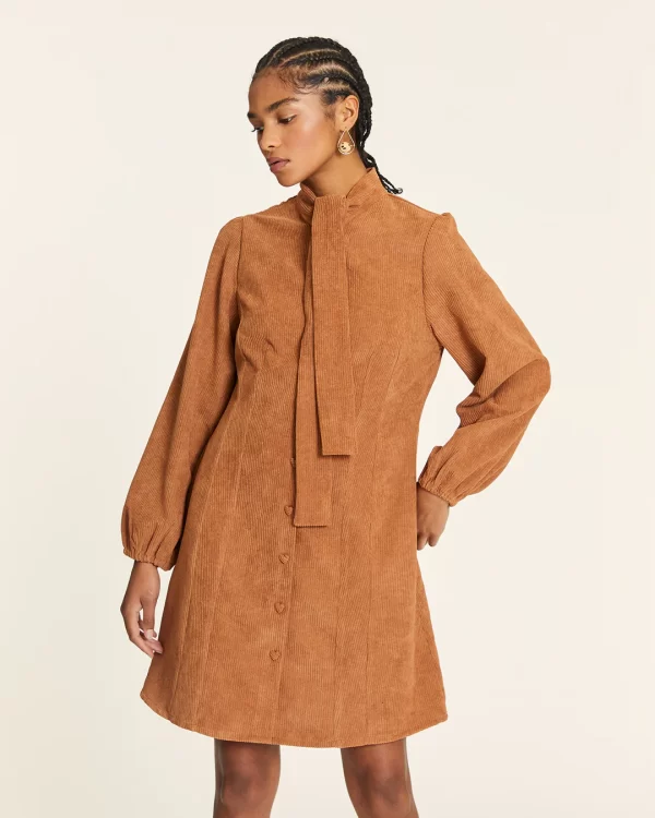 TOFFEE CORDUROY DRESS WITH BOW