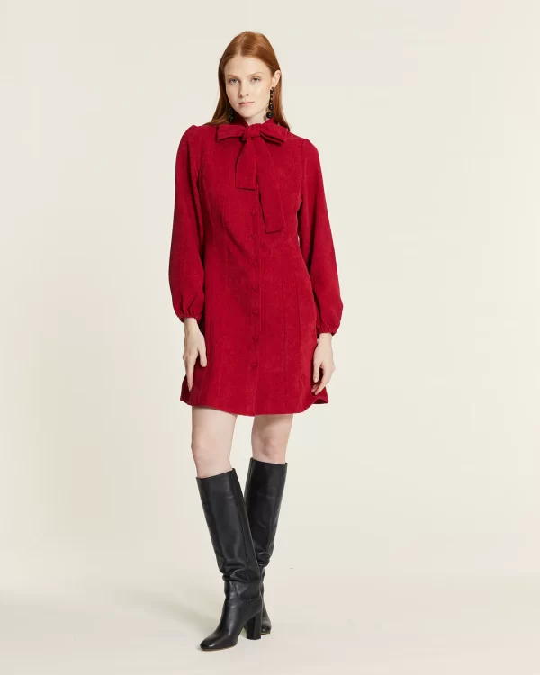 RED CORDUROY DRESS WITH BOW