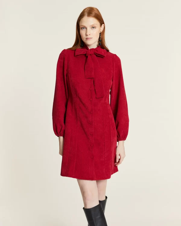 RED CORDUROY DRESS WITH BOW