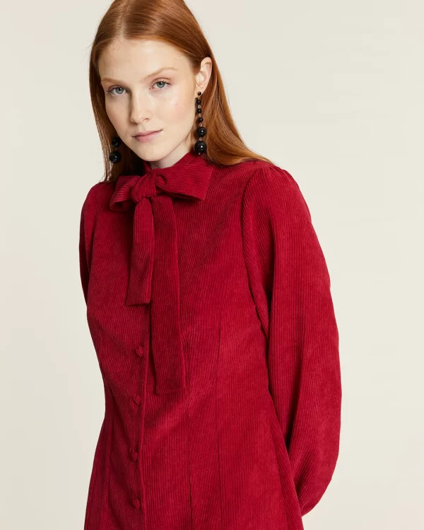 RED CORDUROY DRESS WITH BOW