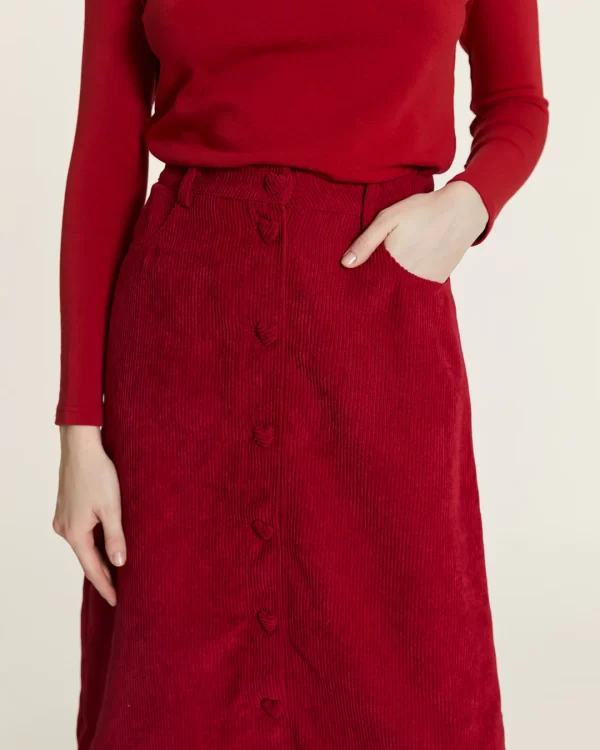 CORDUROY SKIRT WITH RED HEART BUTTONS
