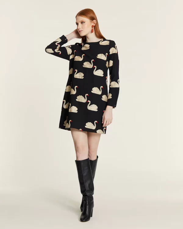 SHORT DRESS WITH EMBROIDERED SWANS