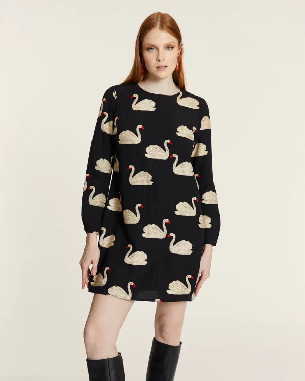 SHORT DRESS WITH EMBROIDERED SWANS