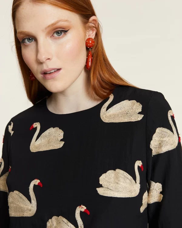 SHORT DRESS WITH EMBROIDERED SWANS