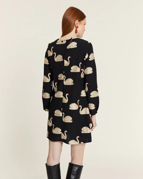 SHORT DRESS WITH EMBROIDERED SWANS