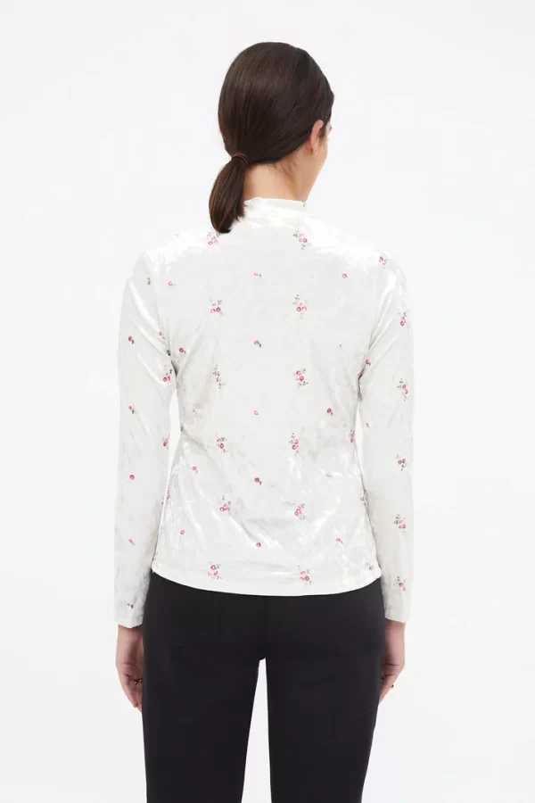 Velvet T-shirt with floral embroidery