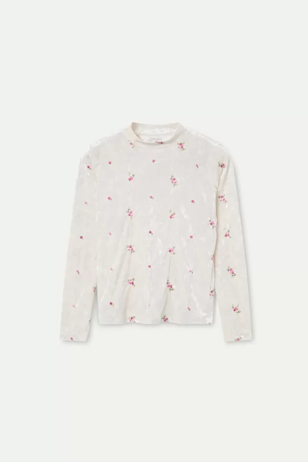 Velvet T-shirt with floral embroidery