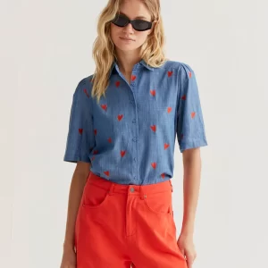 100% cotton chambray shirt with embroidered hearts